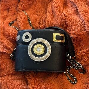 Betsey Johnson Black and Gold Camera Crossbody Bag